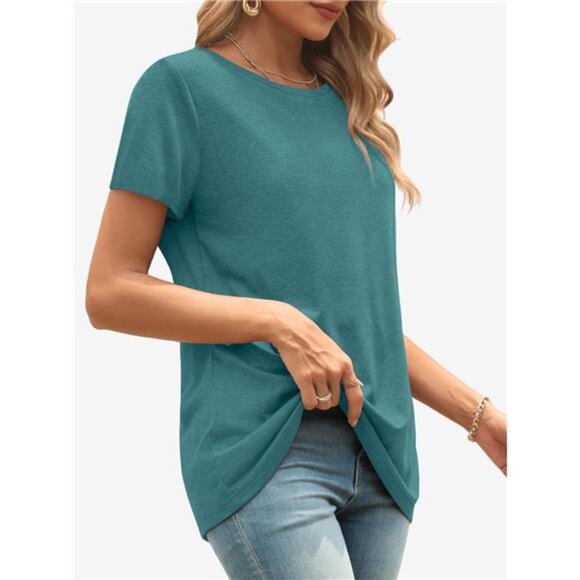 Women's Blue Green‎ T Shirt Summer Tops Short Sleeve Basic Casual Shirt Tops - Picture 3 of 6